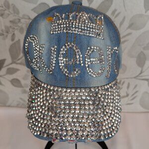 "QUEEN" with Crown Studded Blue Jean Distressed Baseball Cap Style Hat by NoLLia